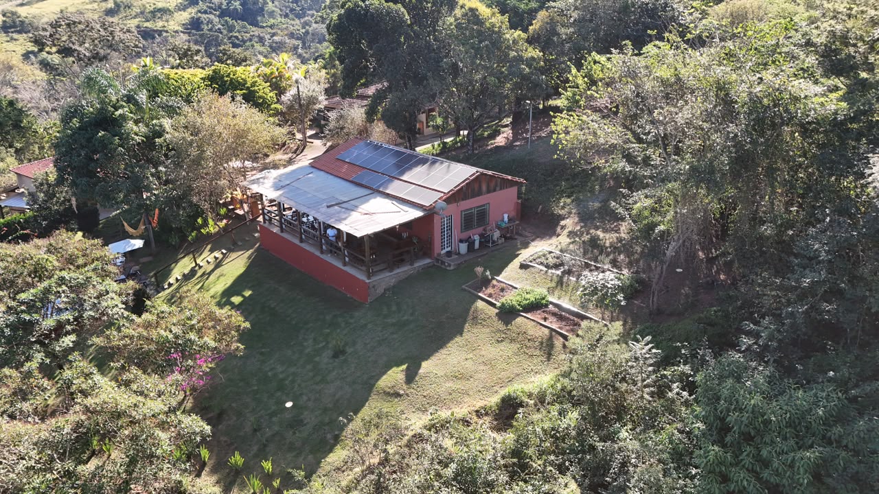 Aerial view of the inn with solar panels on the roof