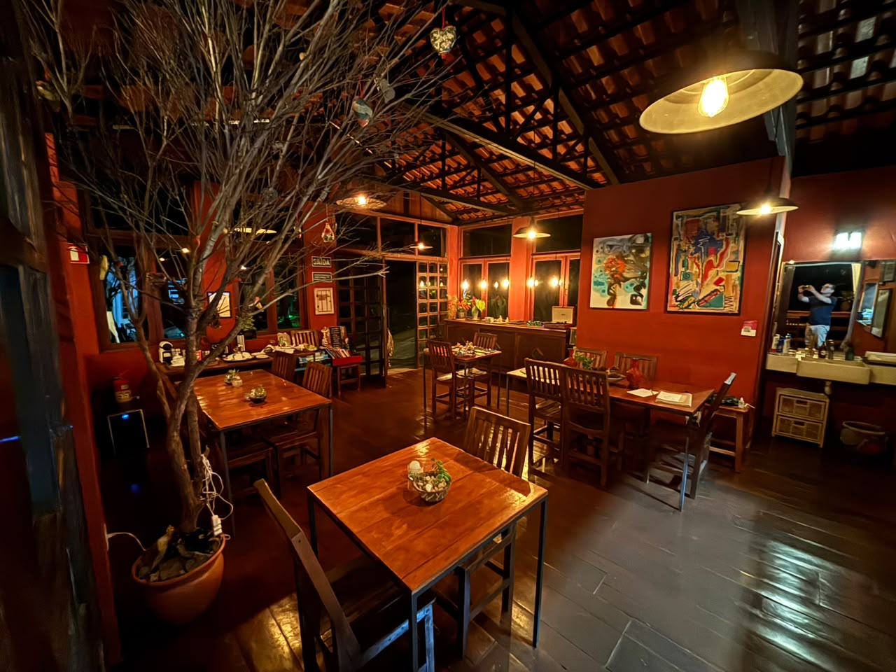 Restaurant dining room with rustic decor