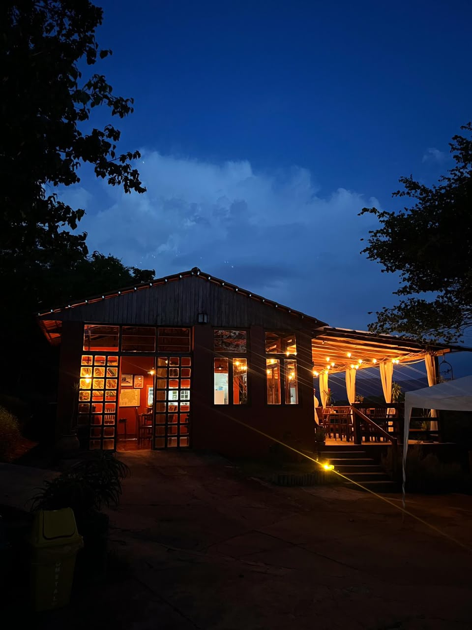 Villa Domaso restaurant facade lit up at dusk