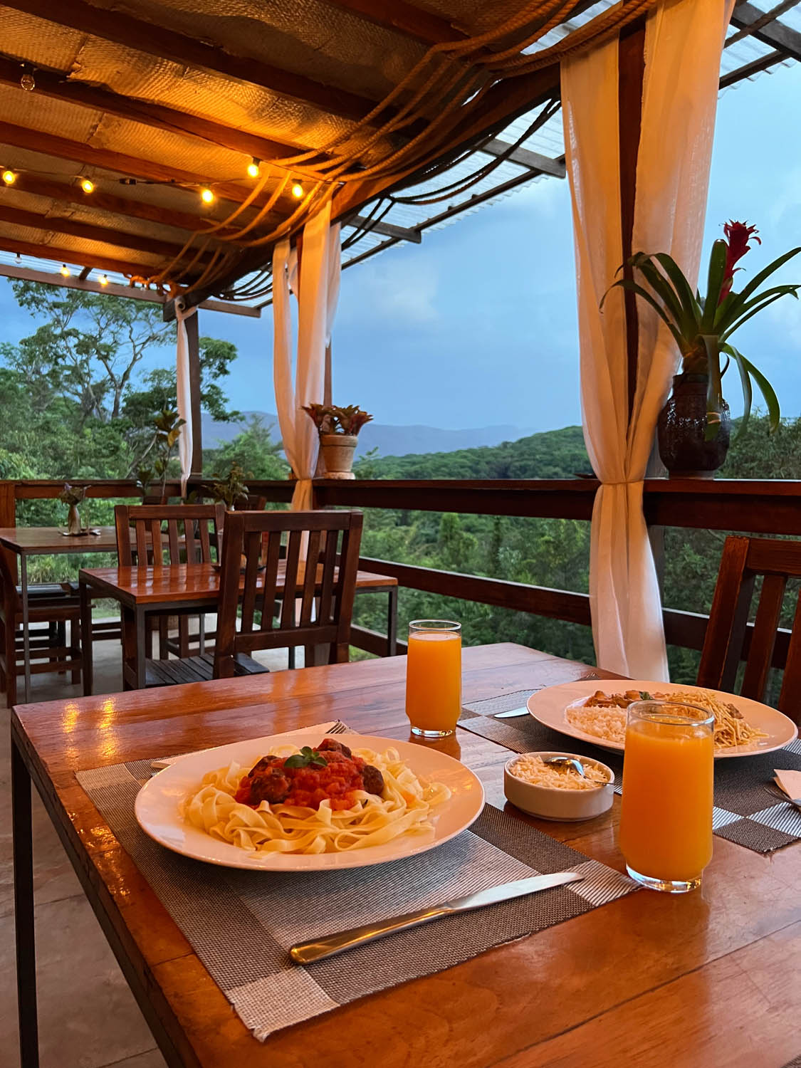 Restaurant table with pasta and juice, overlooking the mountains
